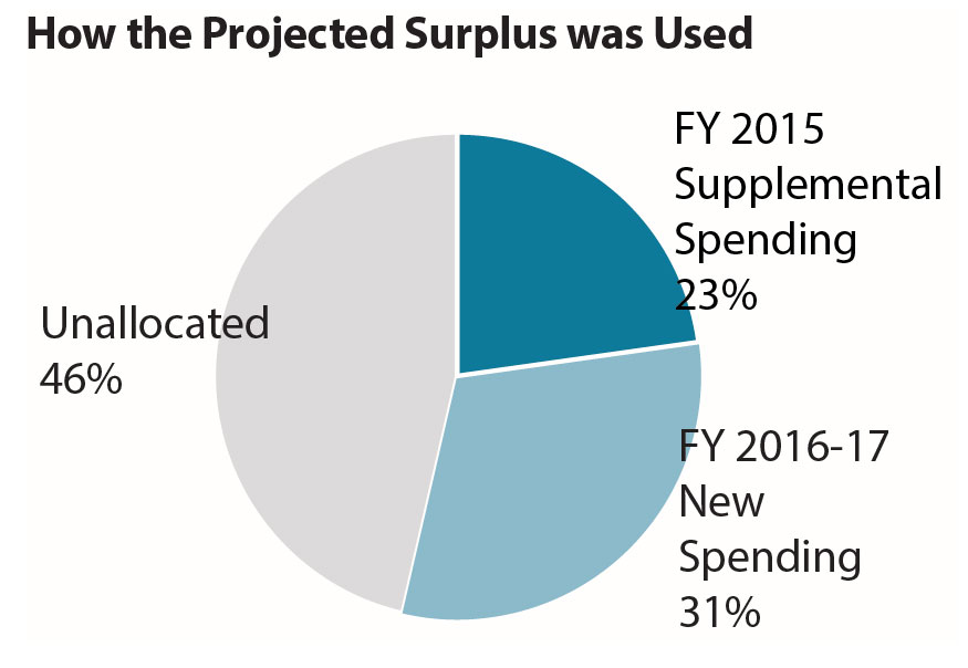 Pie chart showing how the projected 2015 surplus was used