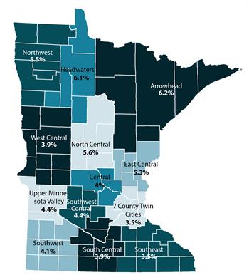 Map showing unemployment rates across Minnesota regions in 2017